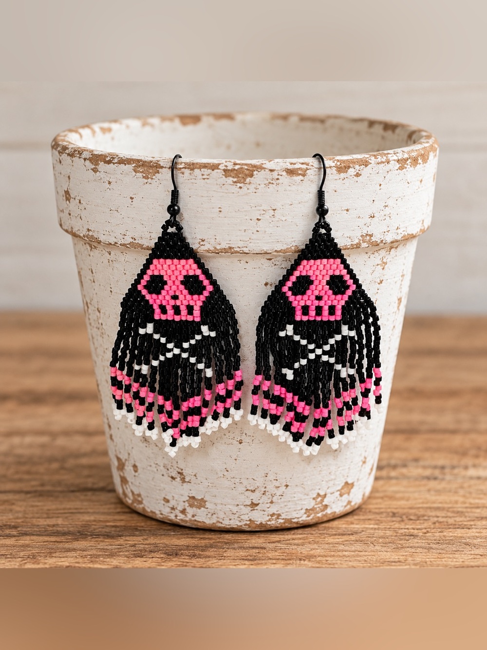 Handcrafted Skull Crossbones Glass Beaded Fringe Dangle Earrings Halloween